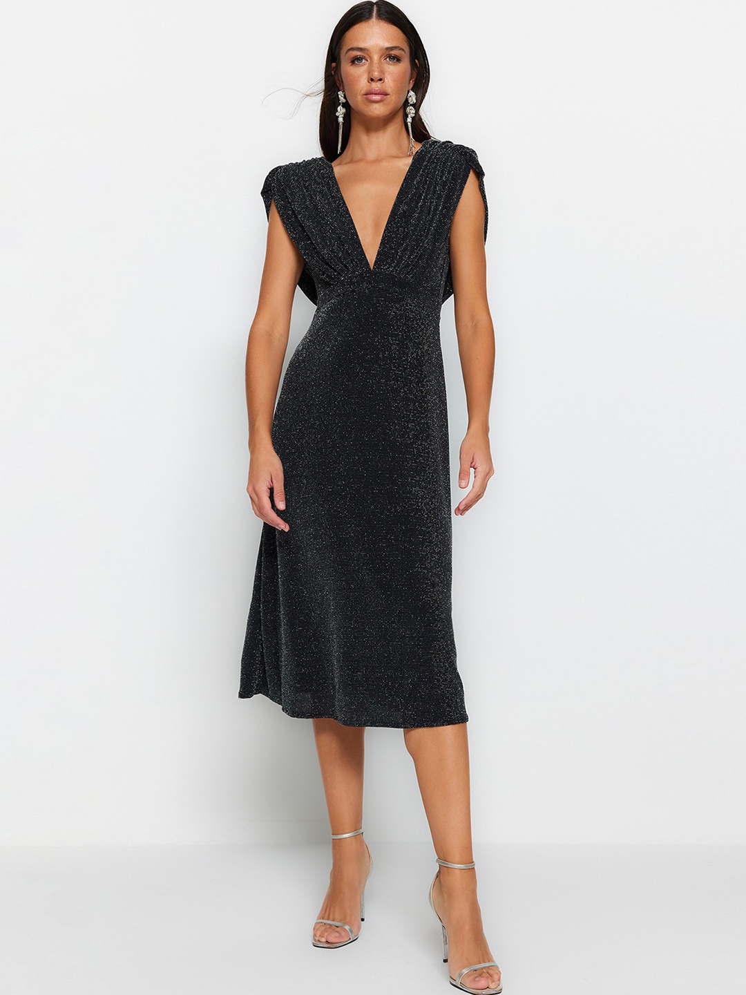 

Trendyol Self Design V-Neck A-Line Dress, Black