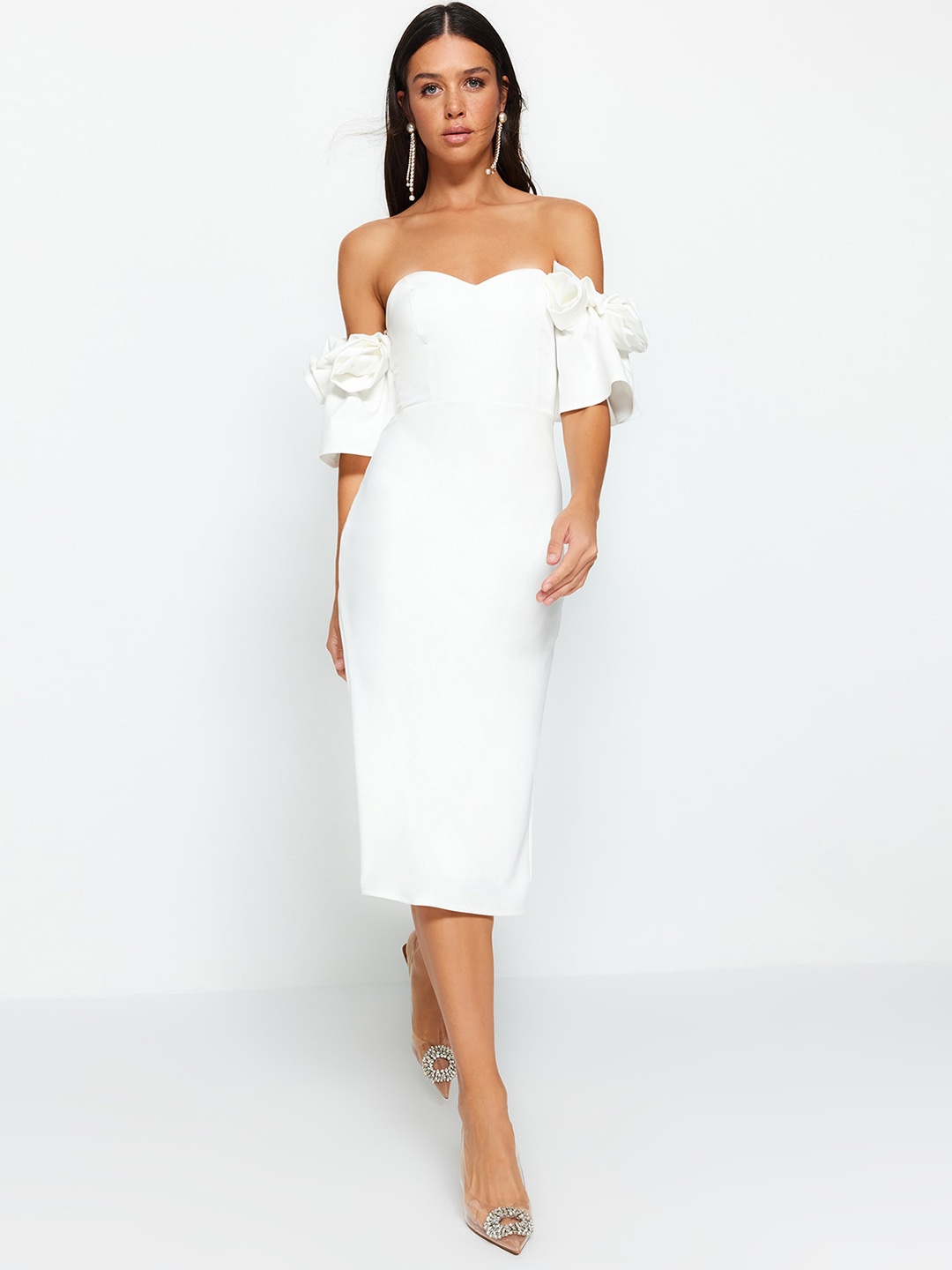 

Trendyol Off-Shoulder Sheath Midi Dress, White