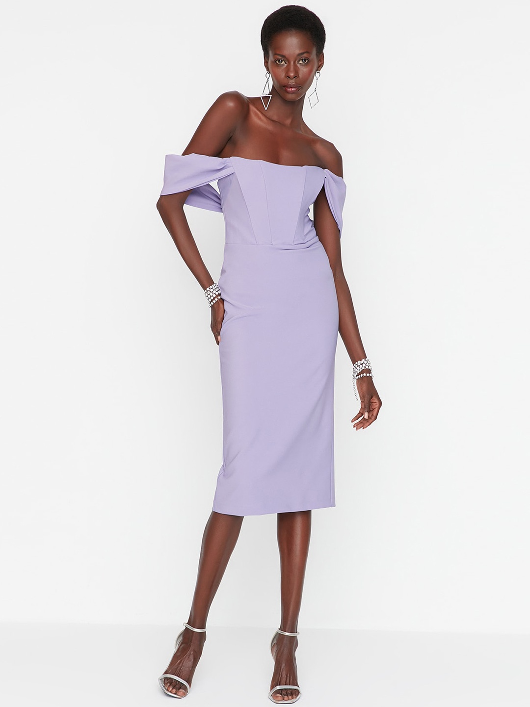 

Trendyol Off-Shoulder Sheath Midi Dress, Lavender