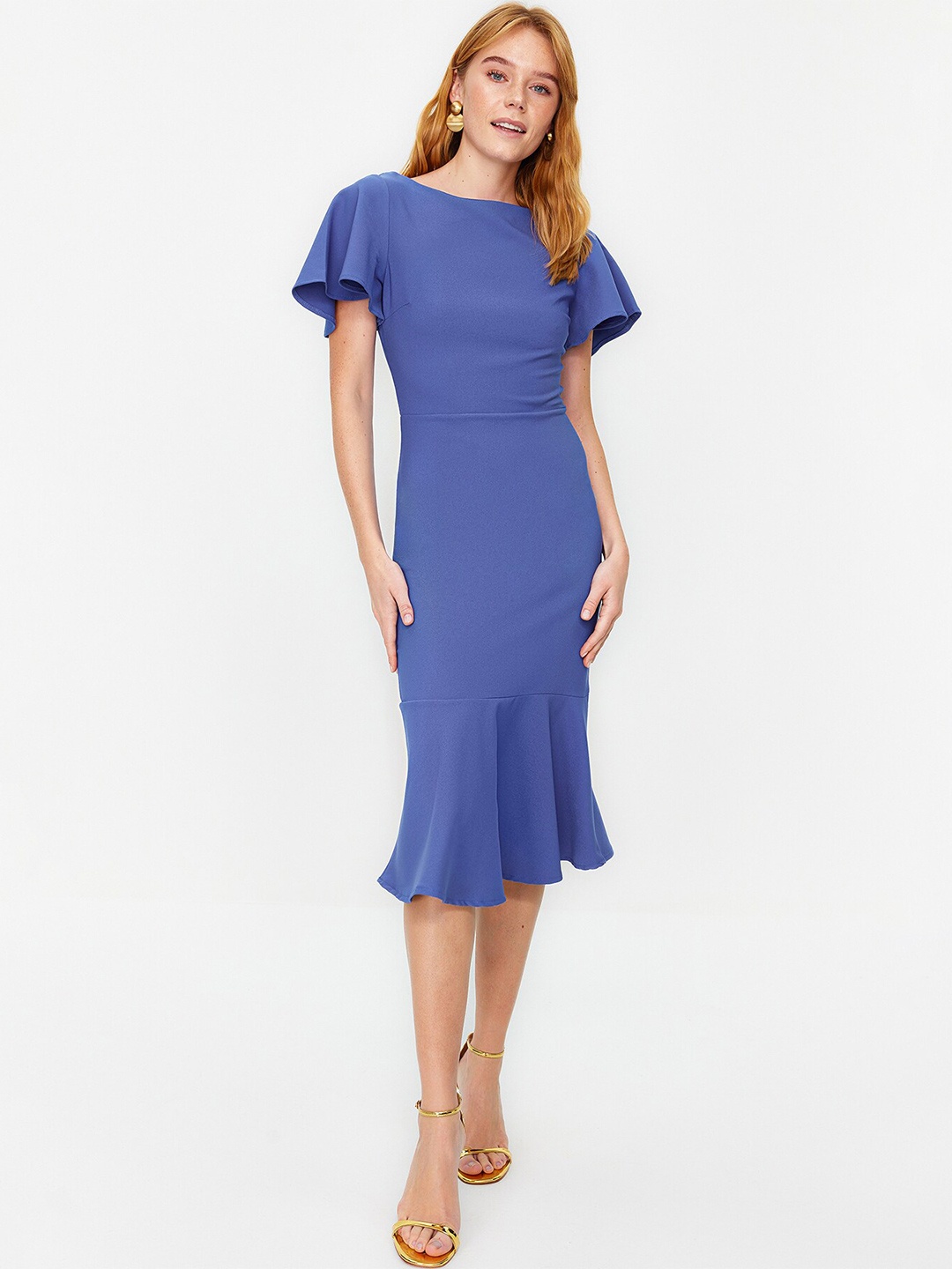 

Trendyol Round Neck Flared Sleeves Sheath Midi Dress, Blue