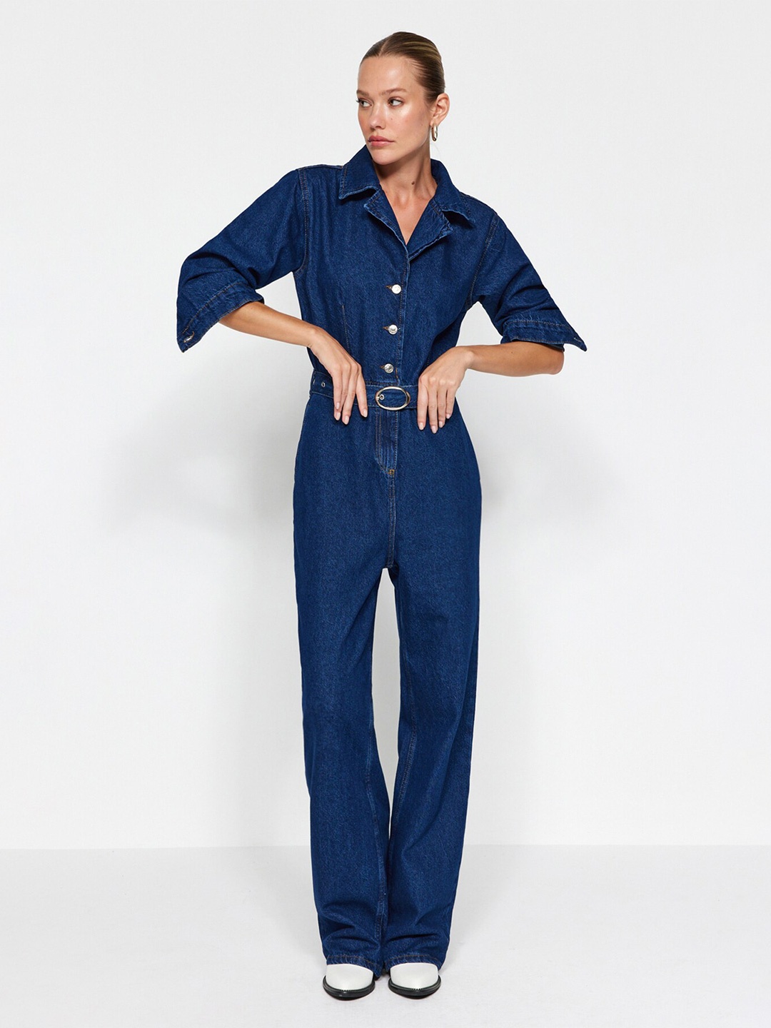 

Trendyol Notched Lapel Collar Waist Tie-Ups Detailed Basic Jumpsuit, Blue