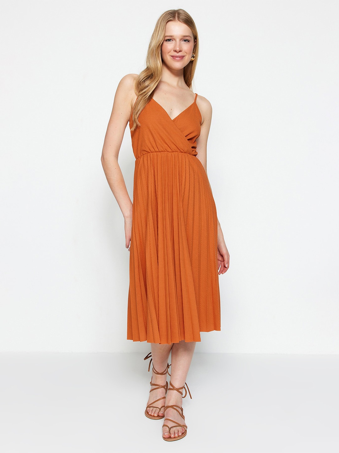 

Trendyol Striped Shoulder Strap Fit & Flare Midi Dress, Orange