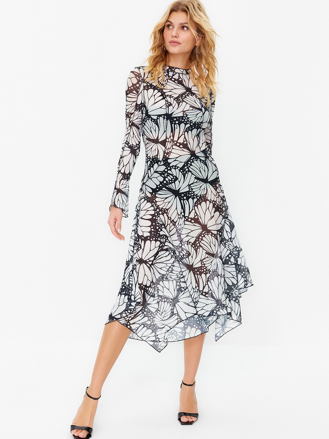 

Trendyol Floral Printed Round Neck Semi Sheer A-Line Midi Dress, Black