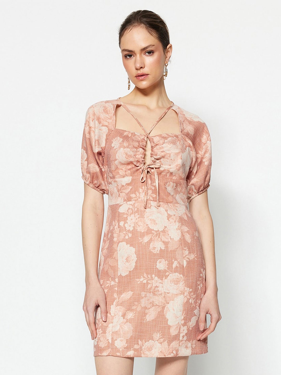 

Trendyol Floral Printed Tie-Up Neck Puff Sleeve A-Line Dress, Beige
