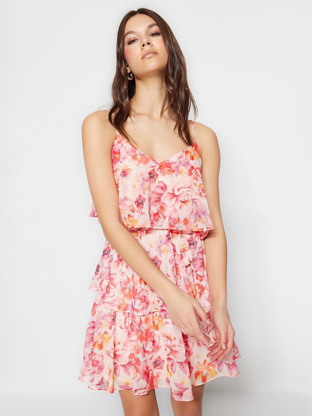 

Trendyol Floral Printed Layered A-Line Dress, Pink