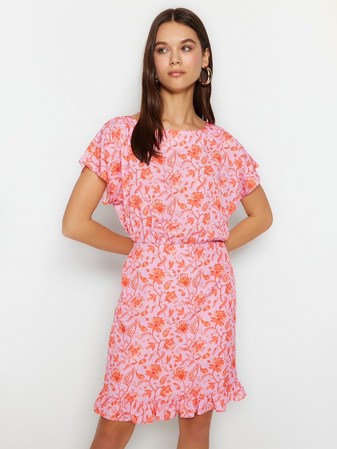 

Trendyol Floral Printed Extended Sleeve A-Line Dress, Pink