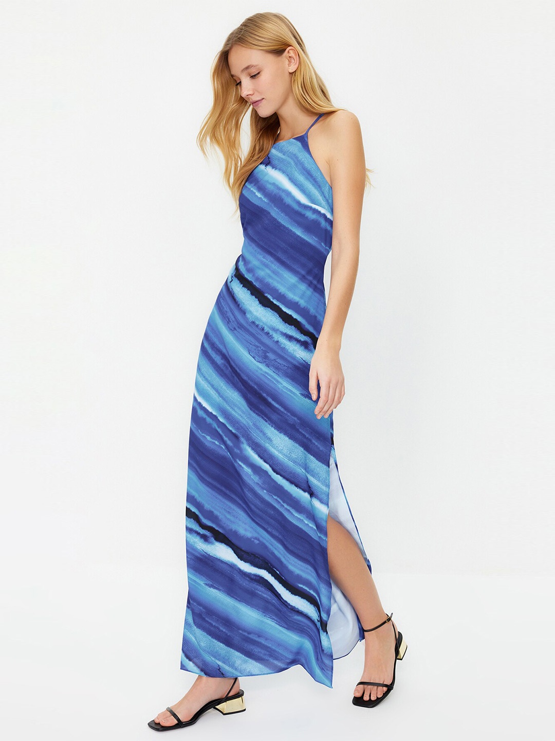 

Trendyol Abstract Print Shoulder Straps Maxi Dress, Blue