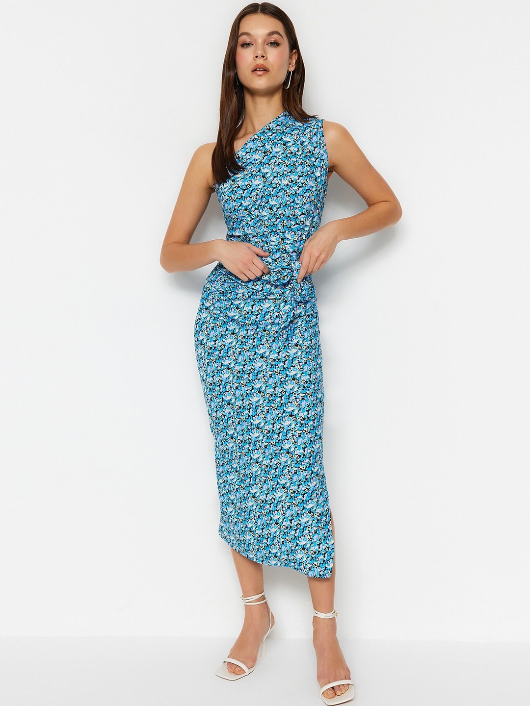 

Trendyol Floral Print One Shoulder Sheath Midi Dress, Blue