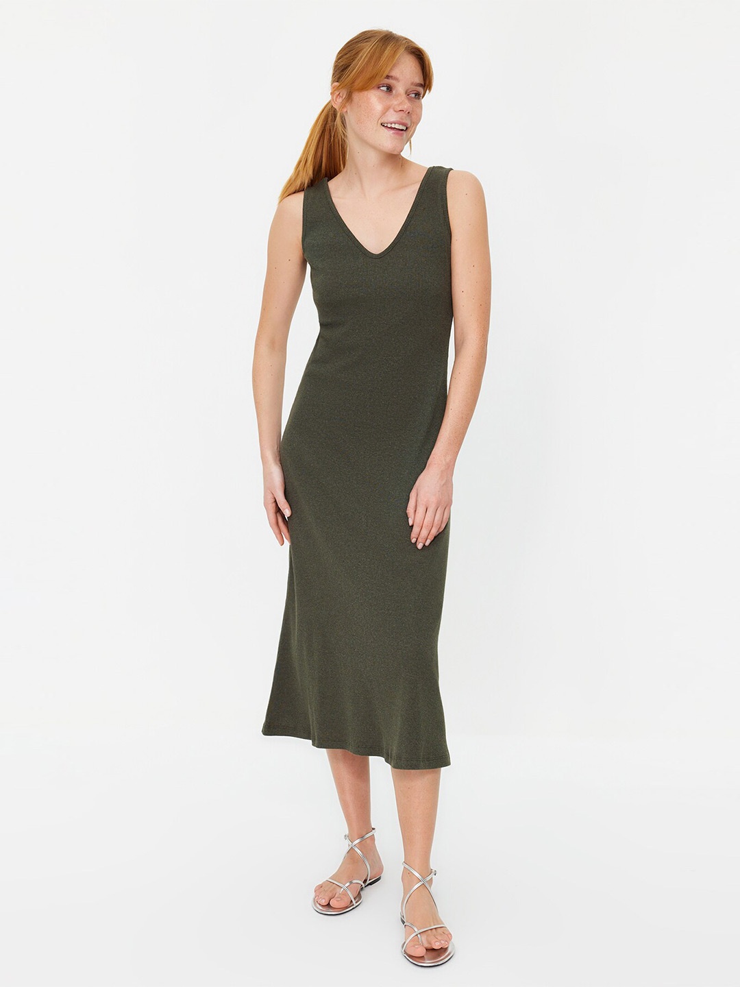 

Trendyol V-Neck Sheath Midi Dress, Olive