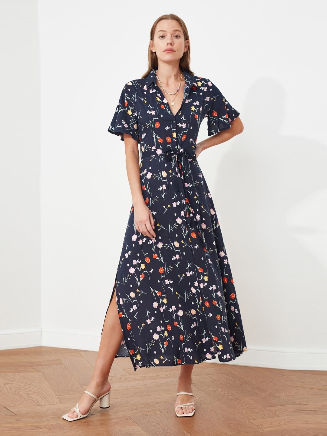 

Trendyol Floral Printed Shirt Midi Dress, Navy blue