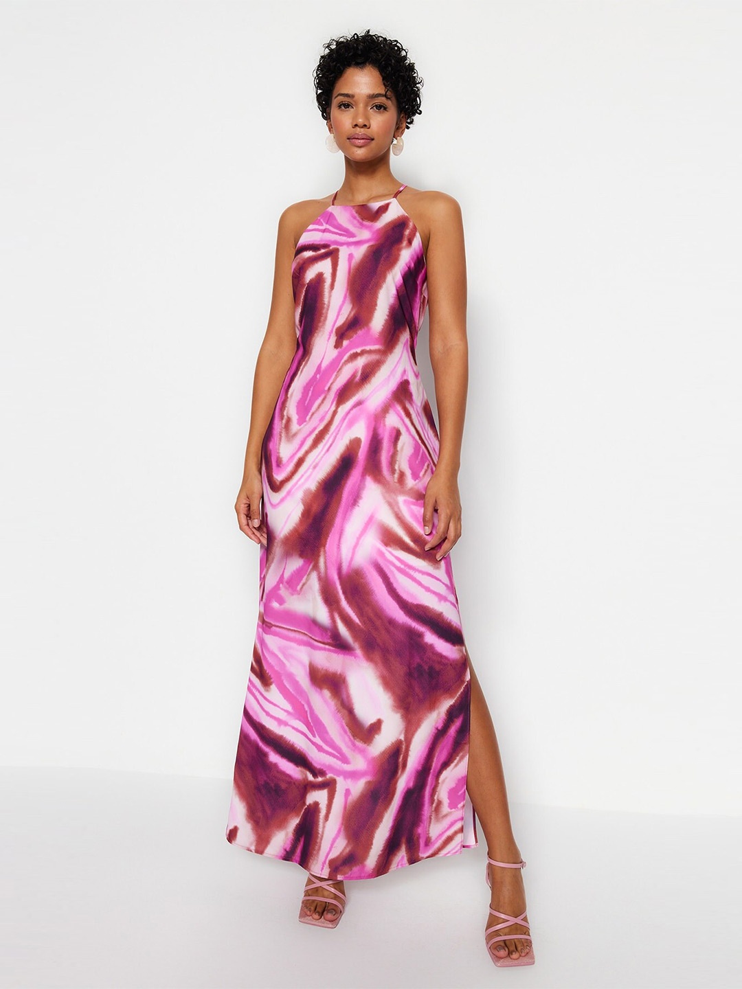

Trendyol Abstract Printed Halter Neck Maxi Dress, Pink