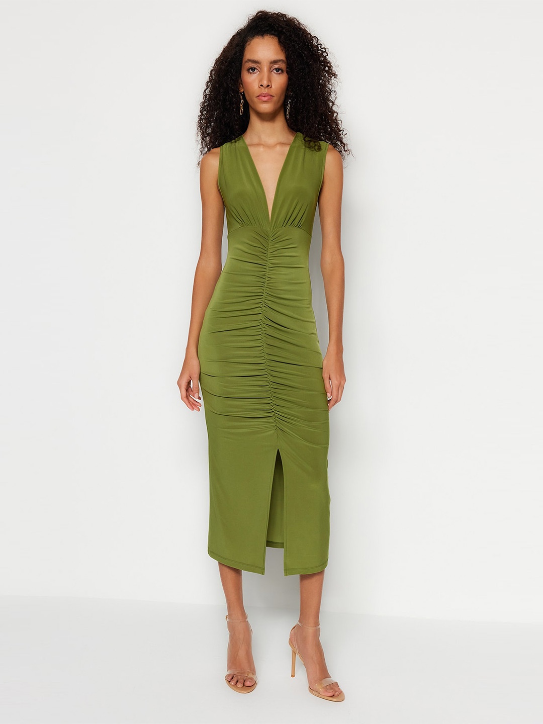 

Trendyol V-Neck Ruched Sheath Midi Dress, Green