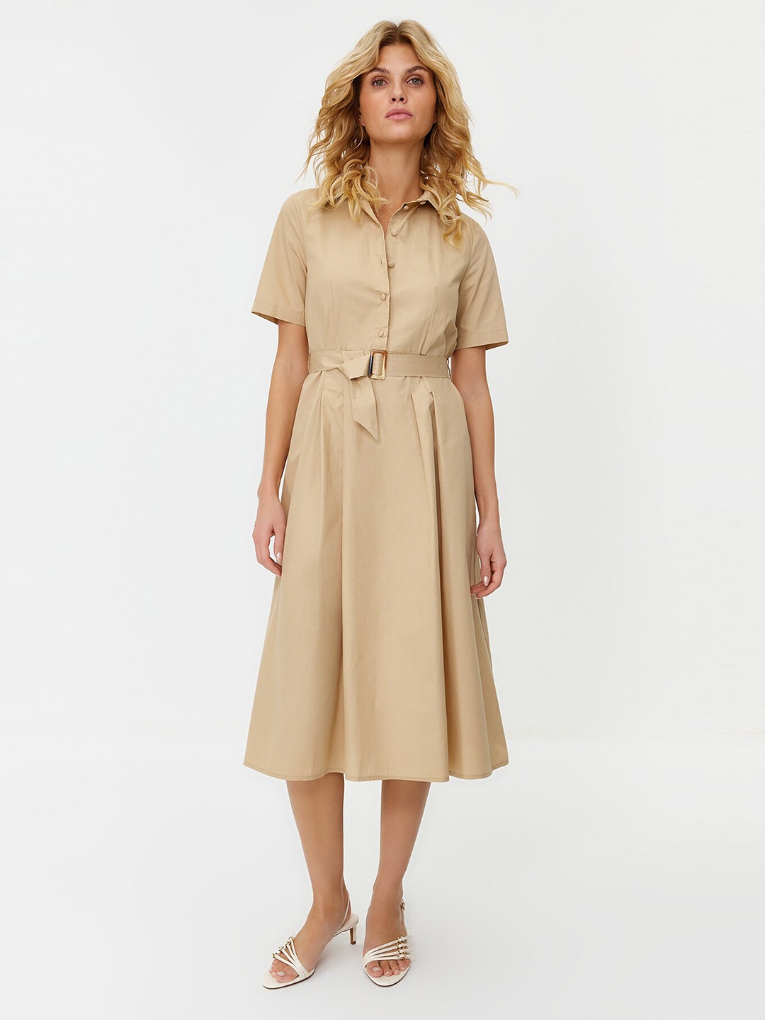 

Trendyol Pure Cotton Shirt Midi Dress, Beige