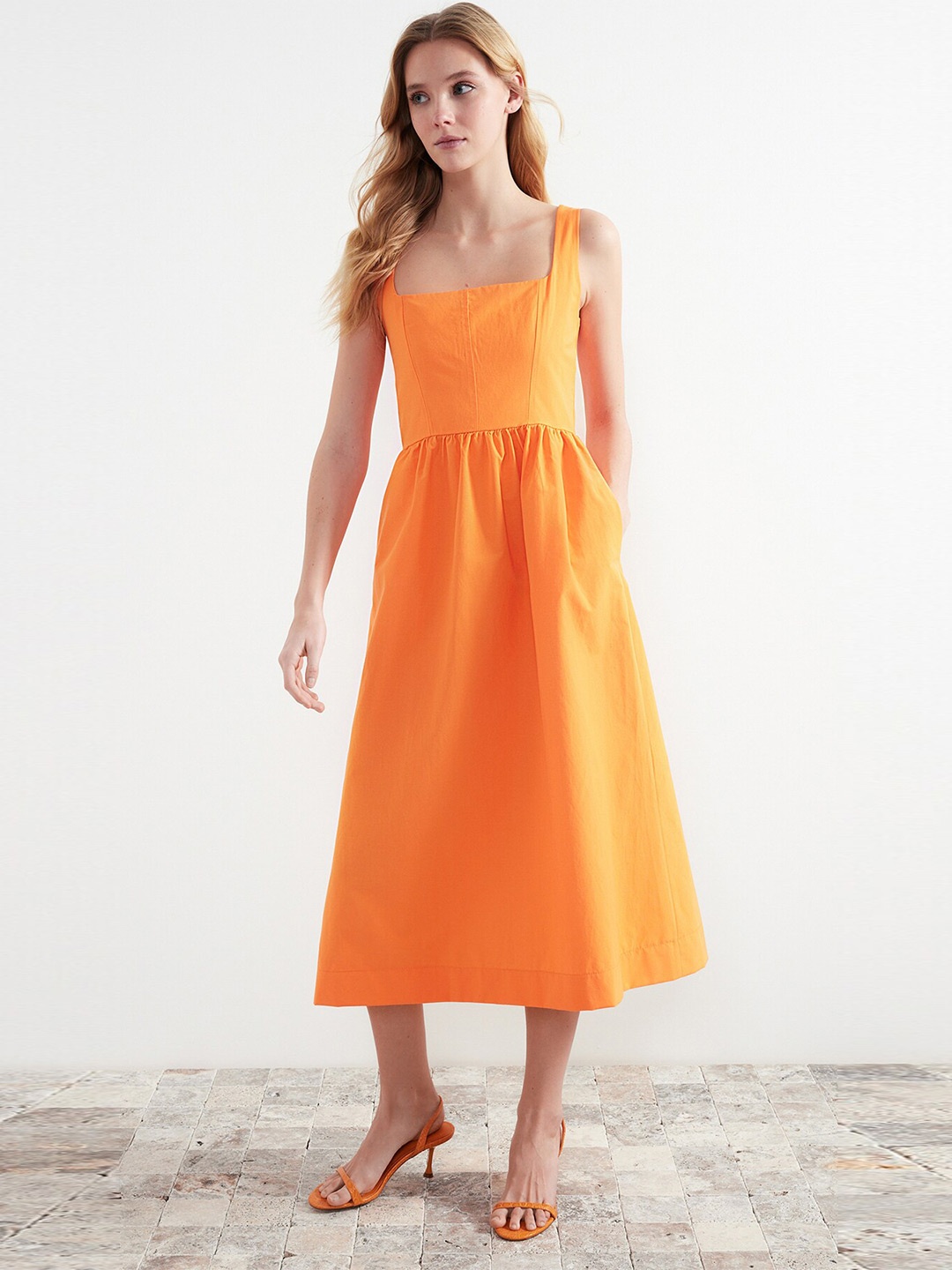 

Trendyol Shoulder Straps Pure Cotton A-Line Midi Dress, Orange