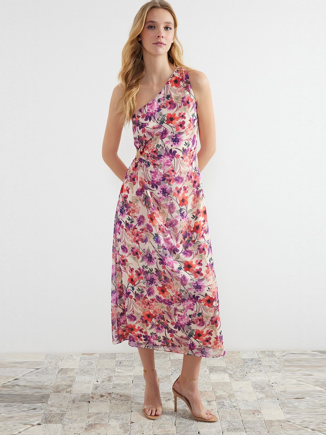 

Trendyol Floral Printed One Shoulder A-Line Dress, White