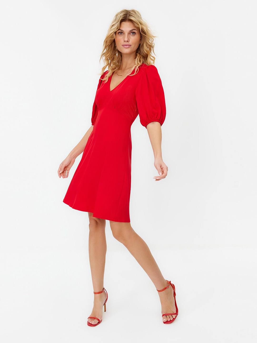 

Trendyol Puff Sleeve A-Line Dress, Red