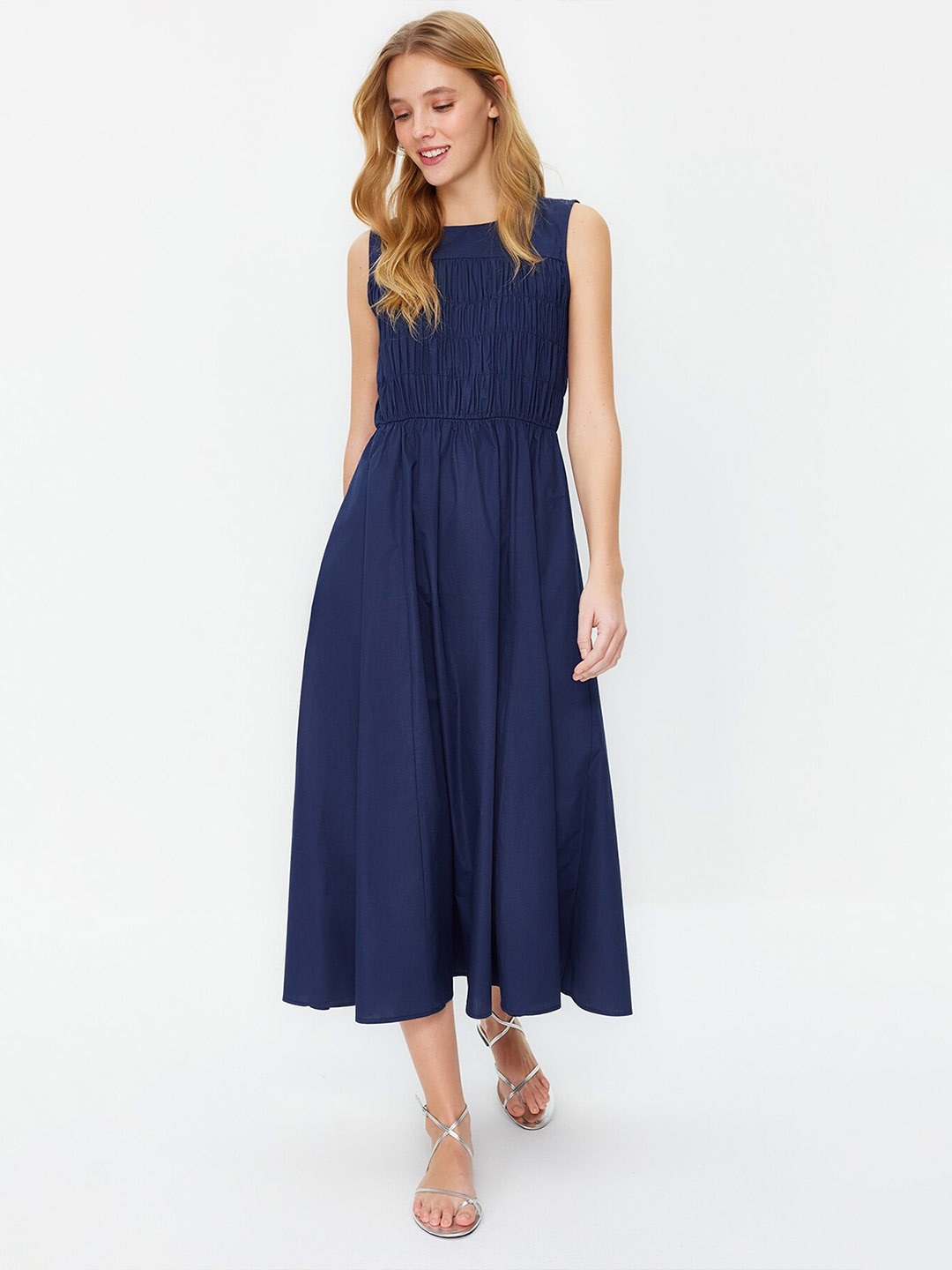 

Trendyol Round neck Smocked Pure Cotton Fit & Flare Midi Dress, Navy blue