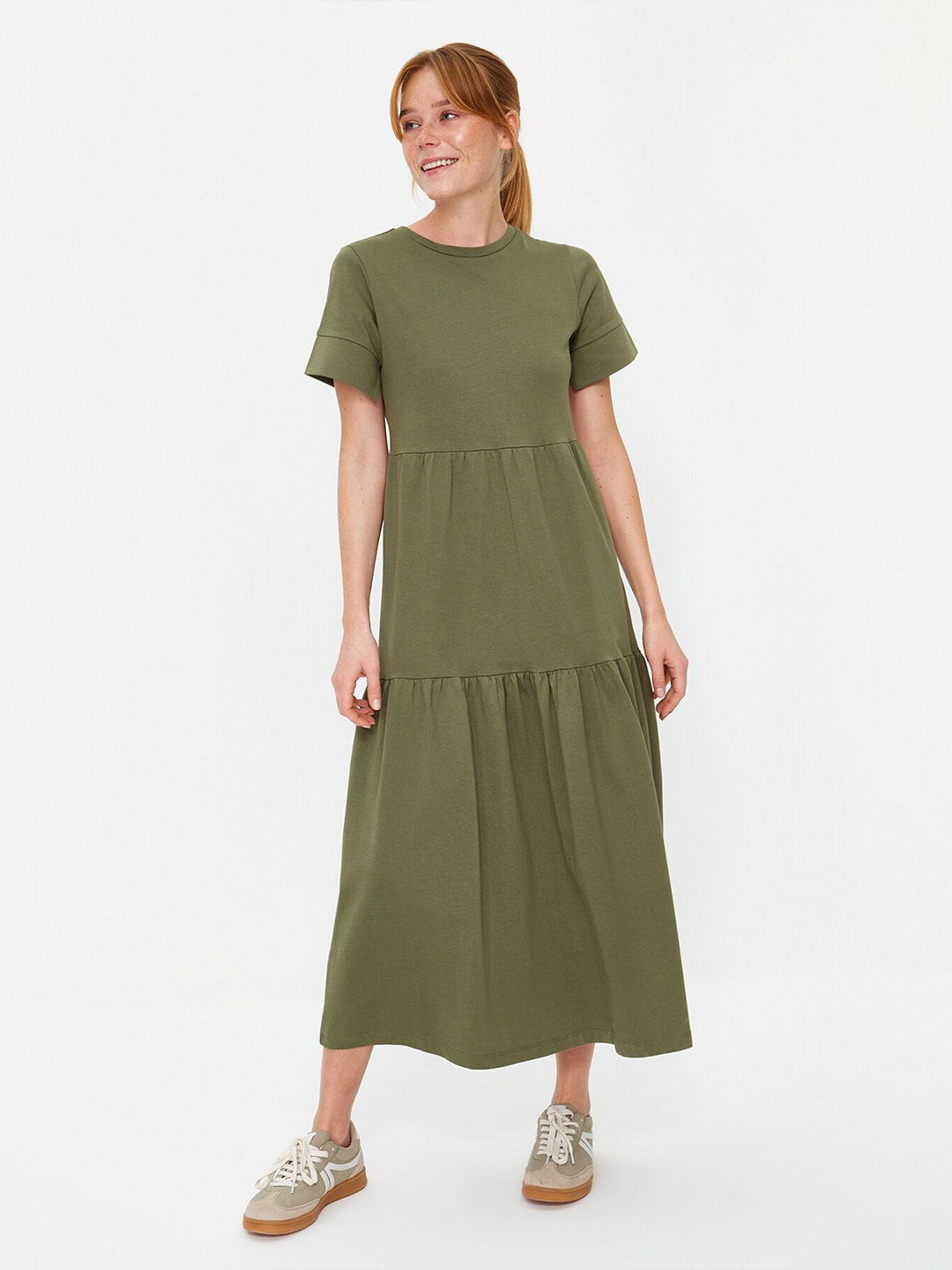 

Trendyol Round Neck A-Line Midi Dress, Olive