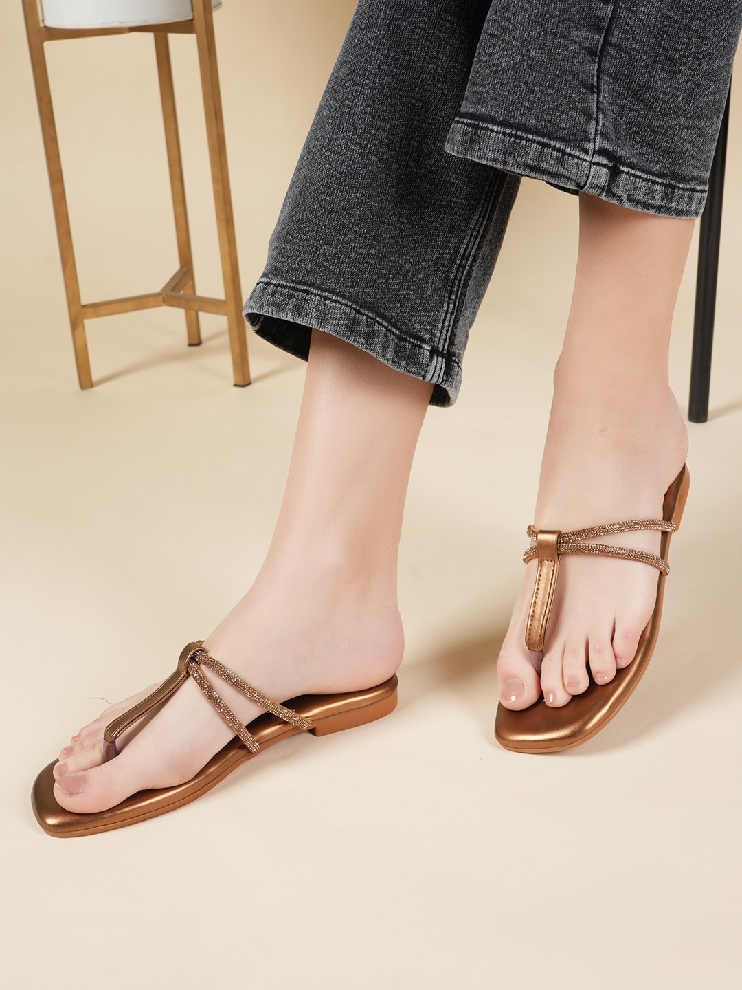 

DressBerry Copper Toned Embellished T-Strap Flats