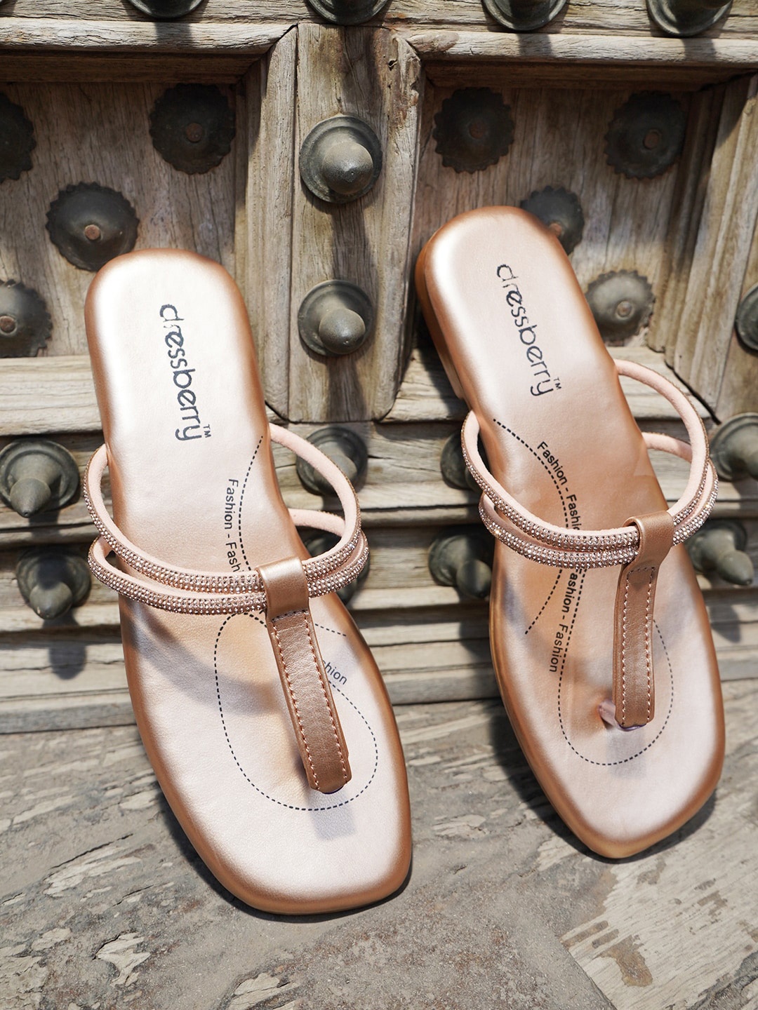 

DressBerry Rose Gold Toned Embellished T-Strap Flats