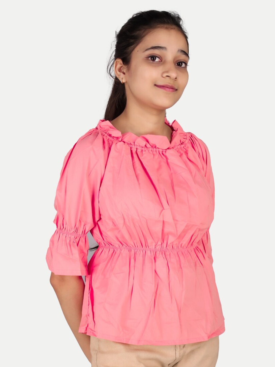 

BAESD Girls Round Neck Bell Sleeves Gathered Top, Pink