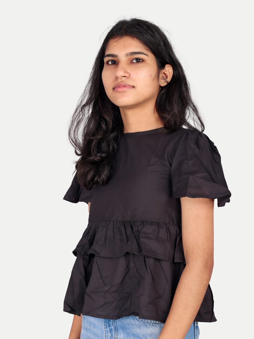 

BAESD Girls Round Neck Flared Sleeves Layered Top, Black