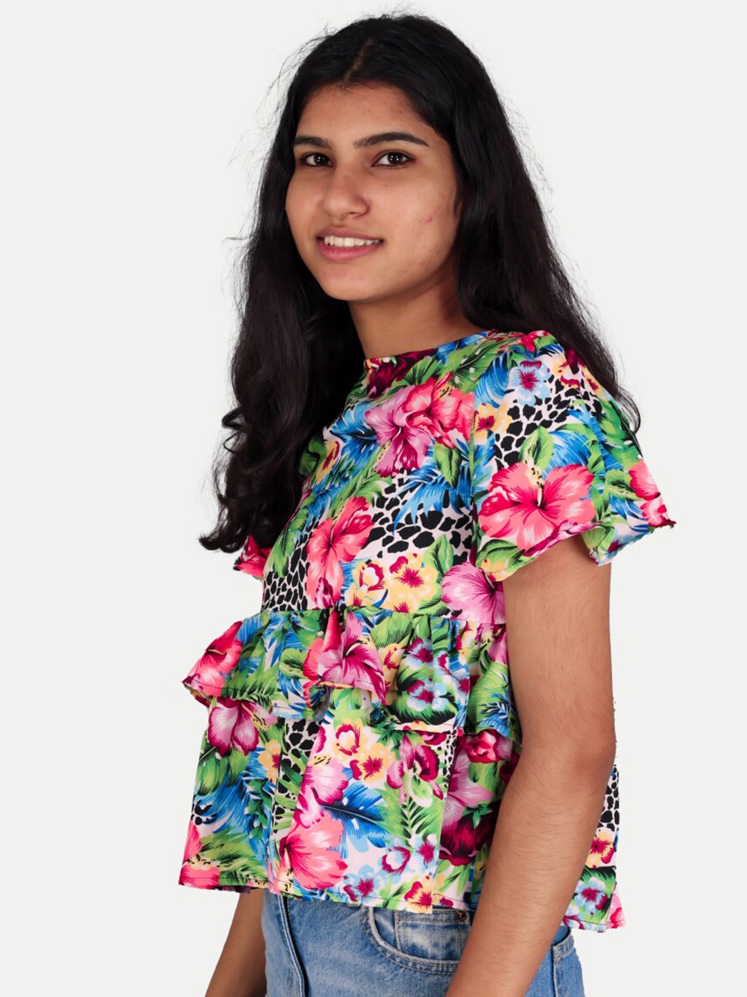 

BAESD Girls Floral Printed Ruffles T-shirt, Blue
