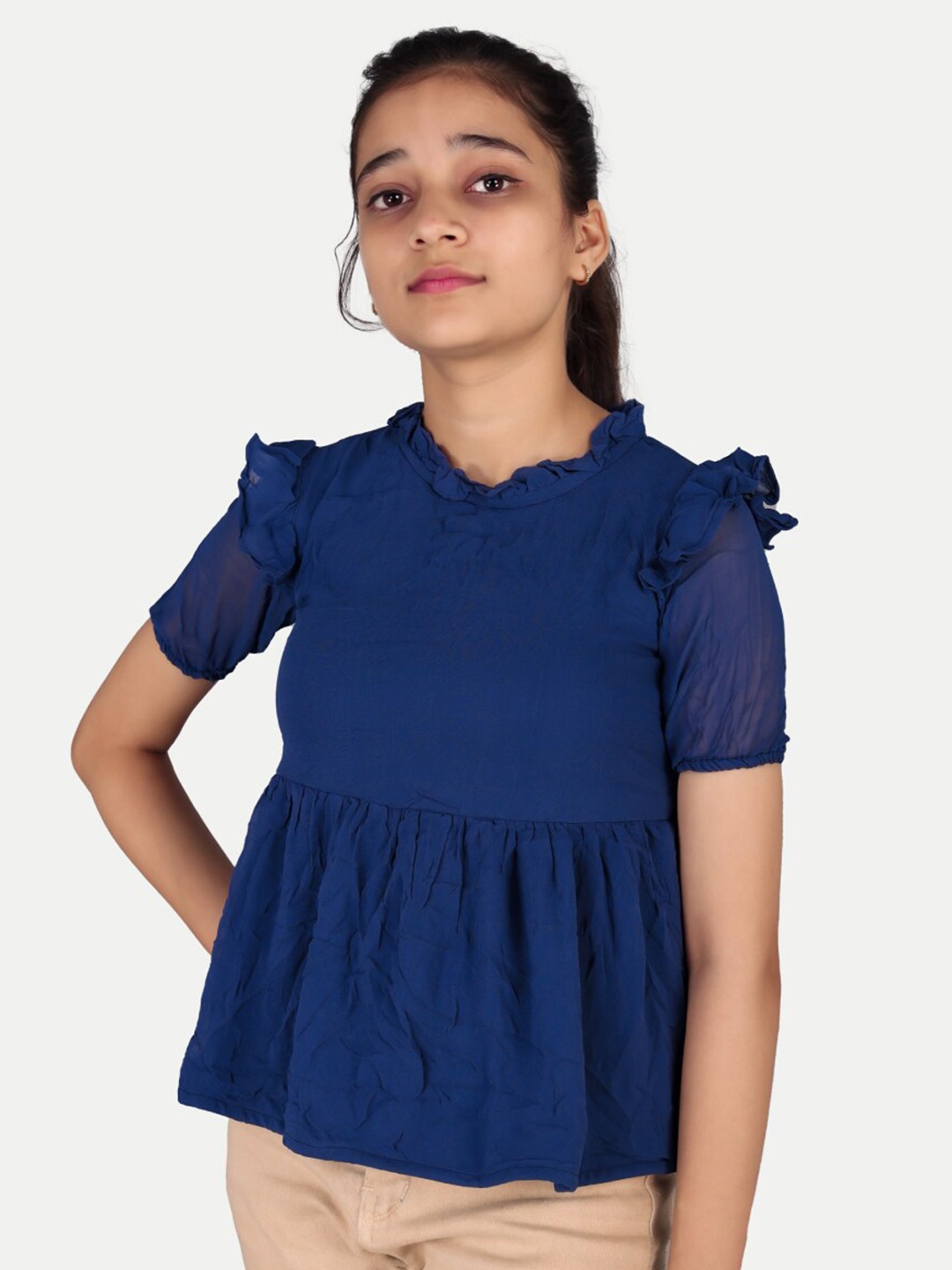 

BAESD Girls Ruffled High Neck Gathered A-Line Top, Navy blue
