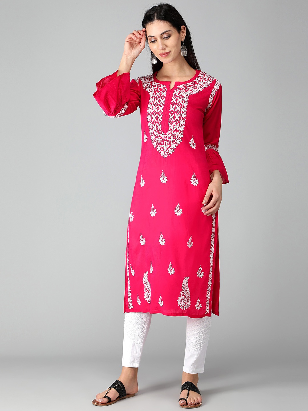 

Seva Chikan Ethnic Motifs Embroidered Bell Sleeves Cotton Chikankari Straight Kurta, Magenta