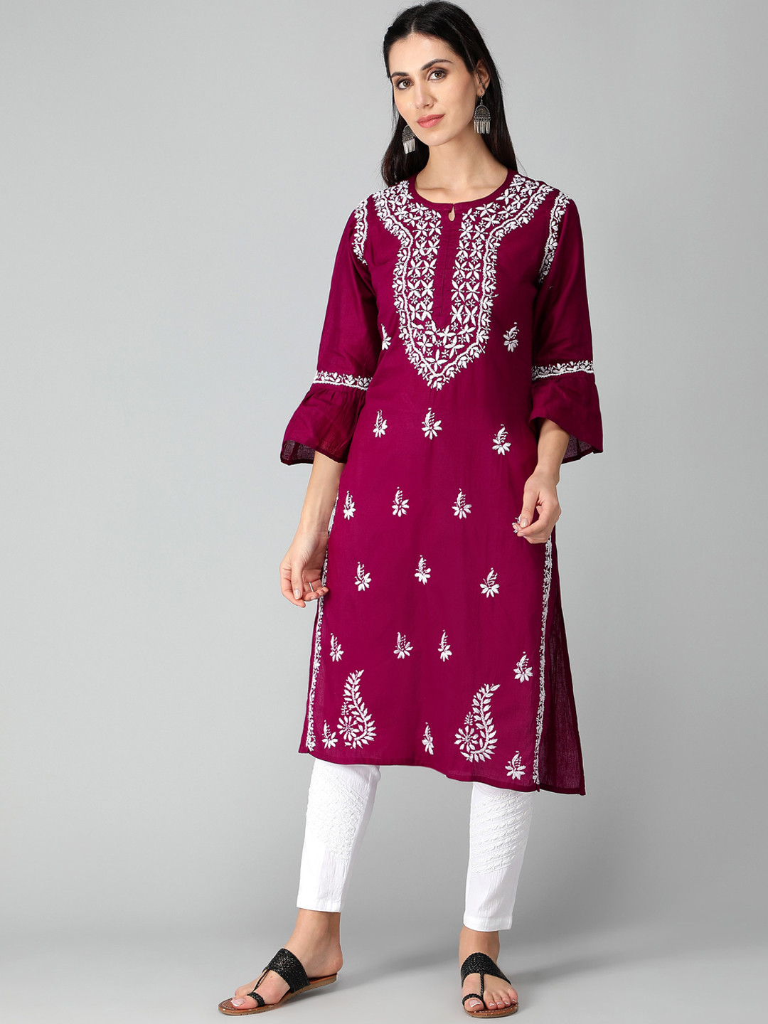 

Seva Chikan Ethnic Motifs Embroidered Cotton Lucknowi Chikankari Thread Work Kurta, Purple