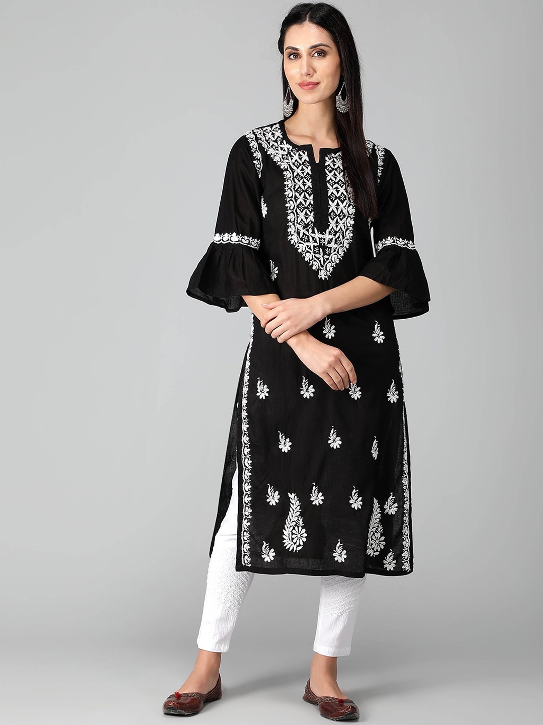 

Seva Chikan Ethnic Motifs Embroidered Bell Sleeves Cotton Chikankari Straight Kurta, Black