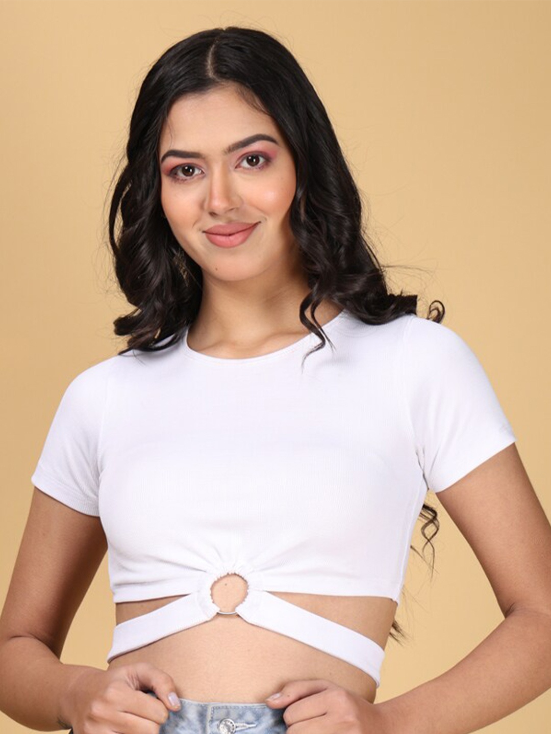 

Eyebogler Round Neck Fitted Cotton Crop Top, White