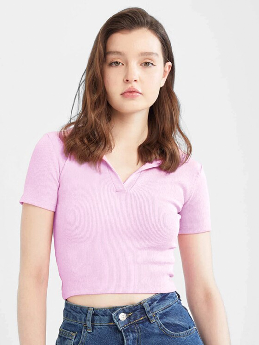 

Eyebogler Shirt Collar Crop Fitted Top, Pink