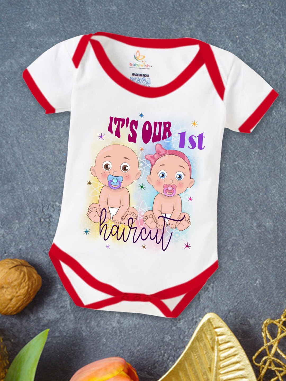 

Babywish Infants Mundan Ceremony Printed Cotton Bodysuit, White