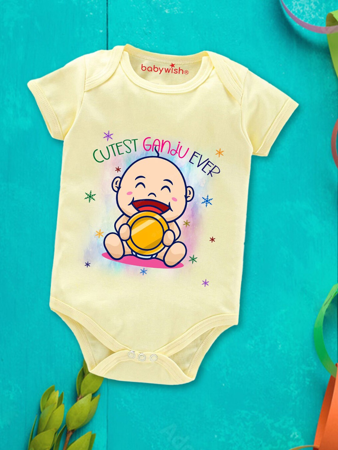 

Babywish Infants Mundan Ceremony Printed Cotton Bodysuit, Yellow