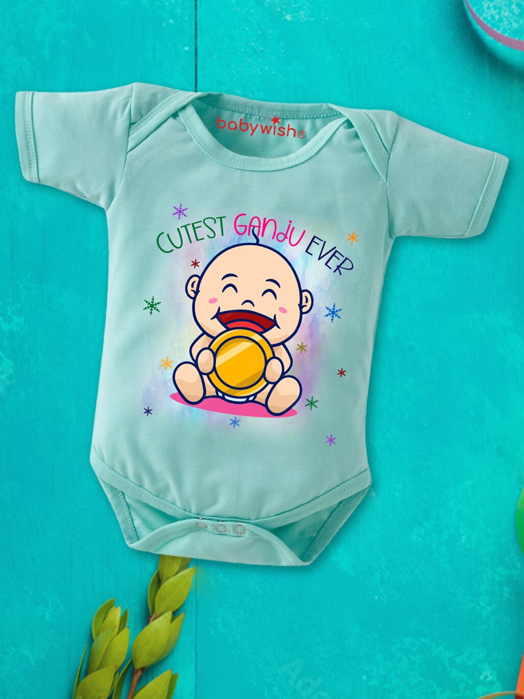 

Babywish Infants Printed Envelop Neck Cotton Bodysuit, Sea green