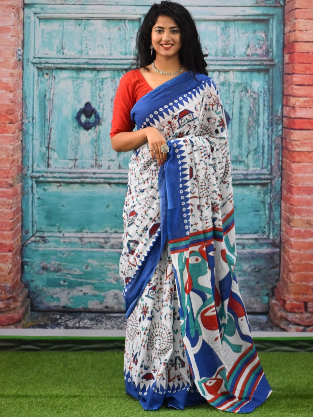 

KIAARON Warli Printed Pure Cotton Block Print Saree, Blue