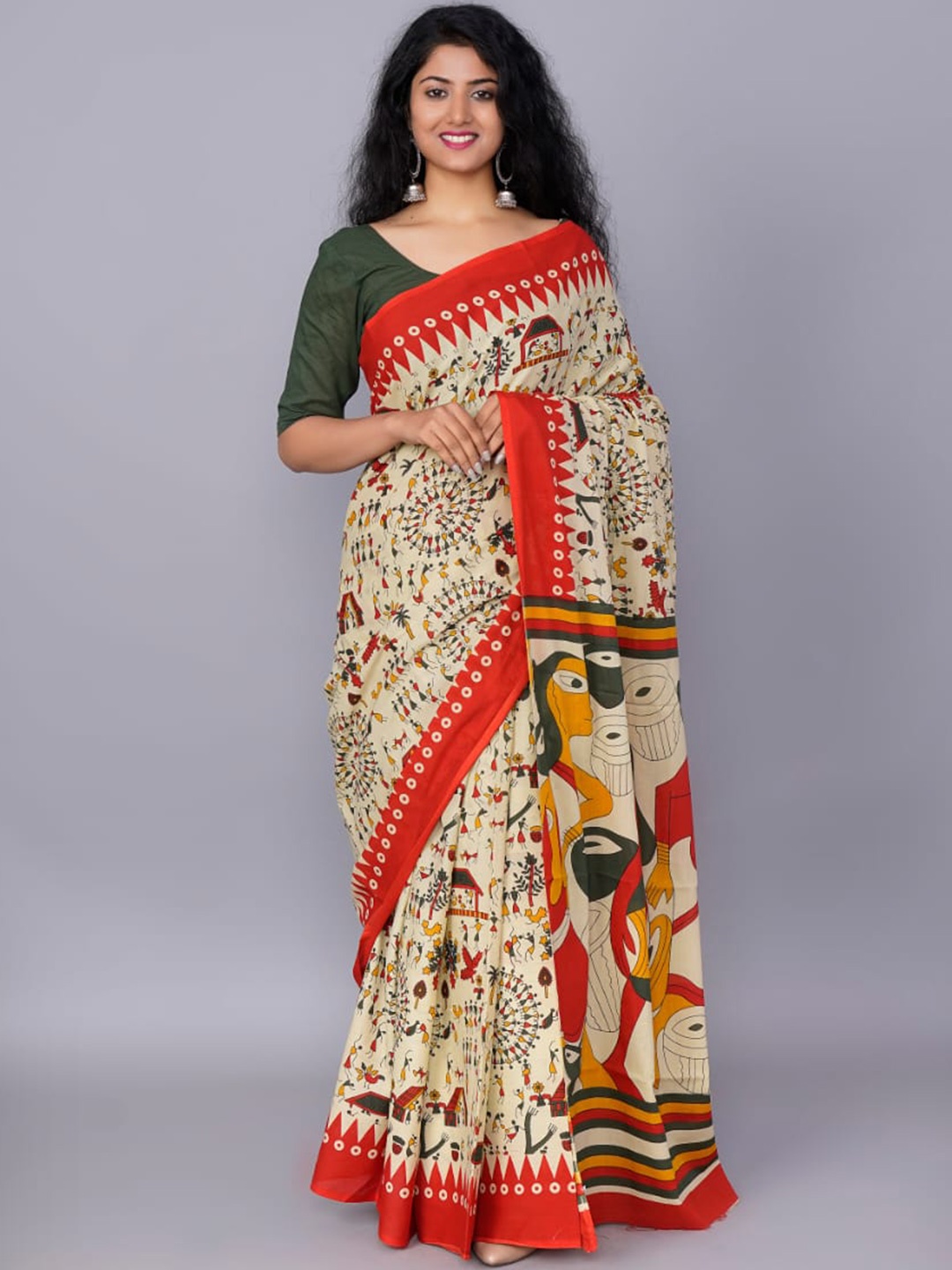 

KIAARON Warli Printed Pure Cotton Block Print Saree, Cream