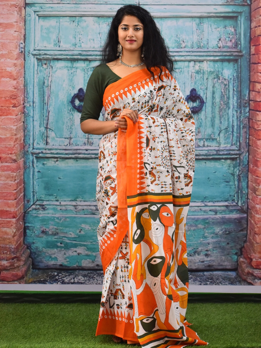 

KIAARON Warli Printed Pure Cotton Block Print Saree, Orange