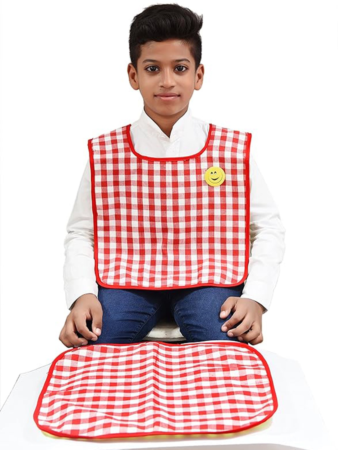 

SWITCHON Kids Checked Waterproof Apron with Dining Sheet, Red