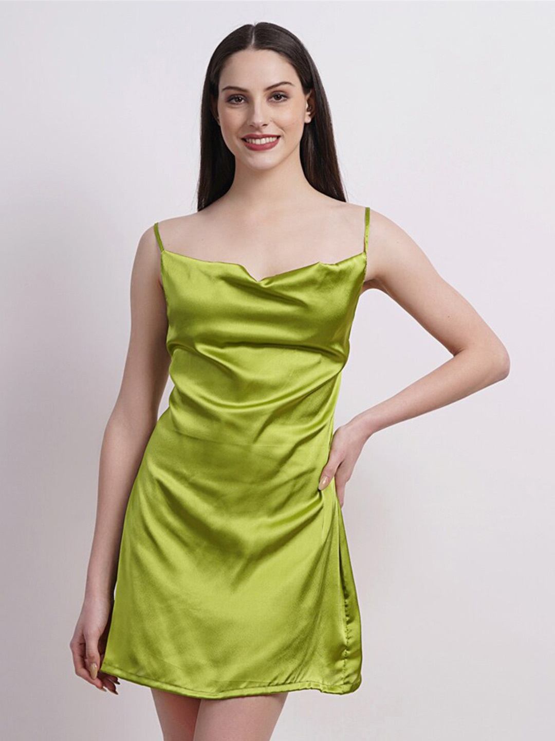 

SIGHTBOMB Shoulder Straps Tie-Ups Detail Satin Sheath Mini Dress, Green