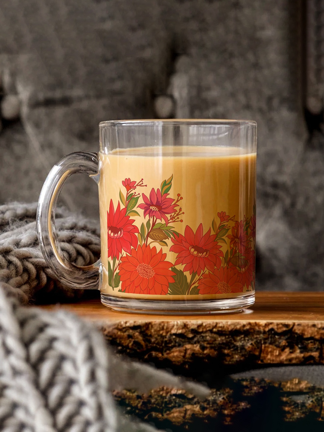 

Gathari Transparent & Red Floral Printed Glass Mug