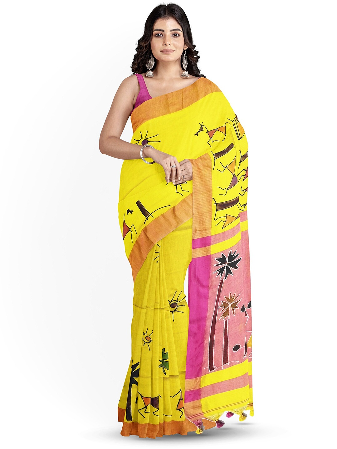 

SANGHAMITRA SAREES Warli Printed Pure Cotton Saree, Yellow
