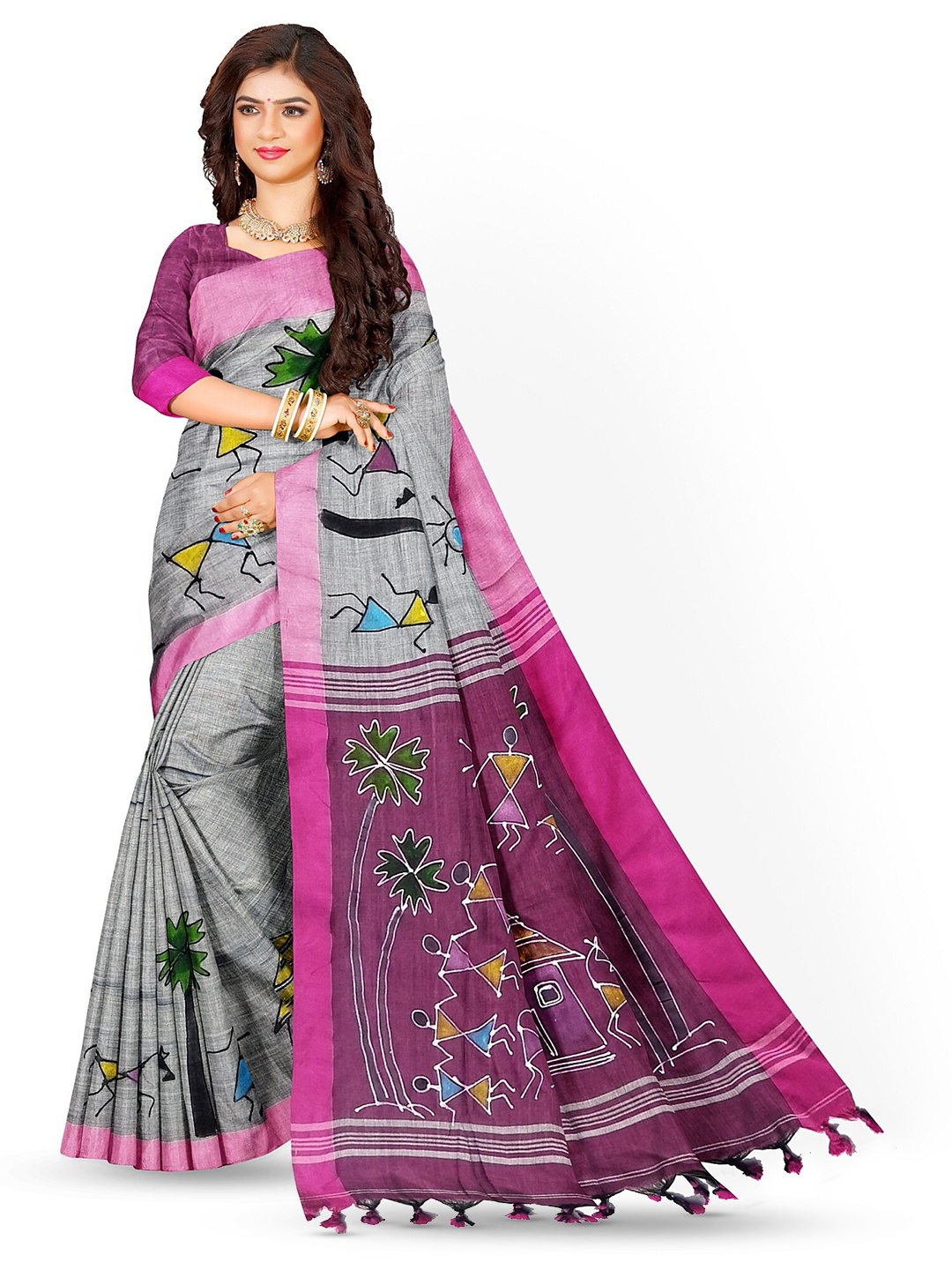 

SANGHAMITRA SAREES Warli Pure Cotton Saree, Grey