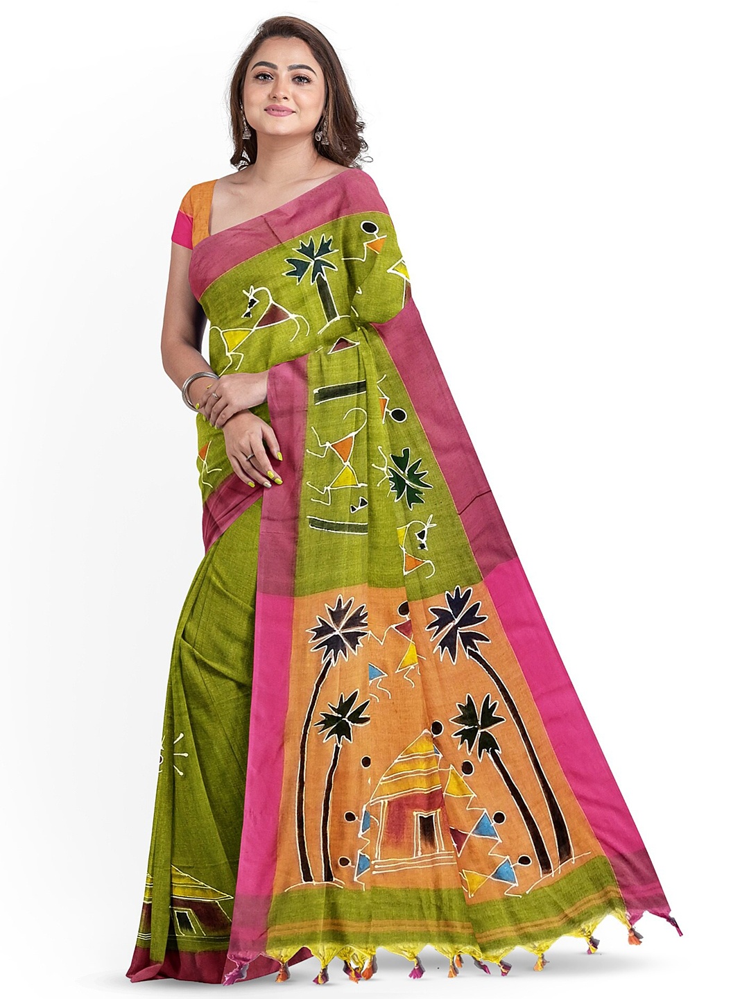 

SANGHAMITRA SAREES Warli Pure Cotton Saree, Green