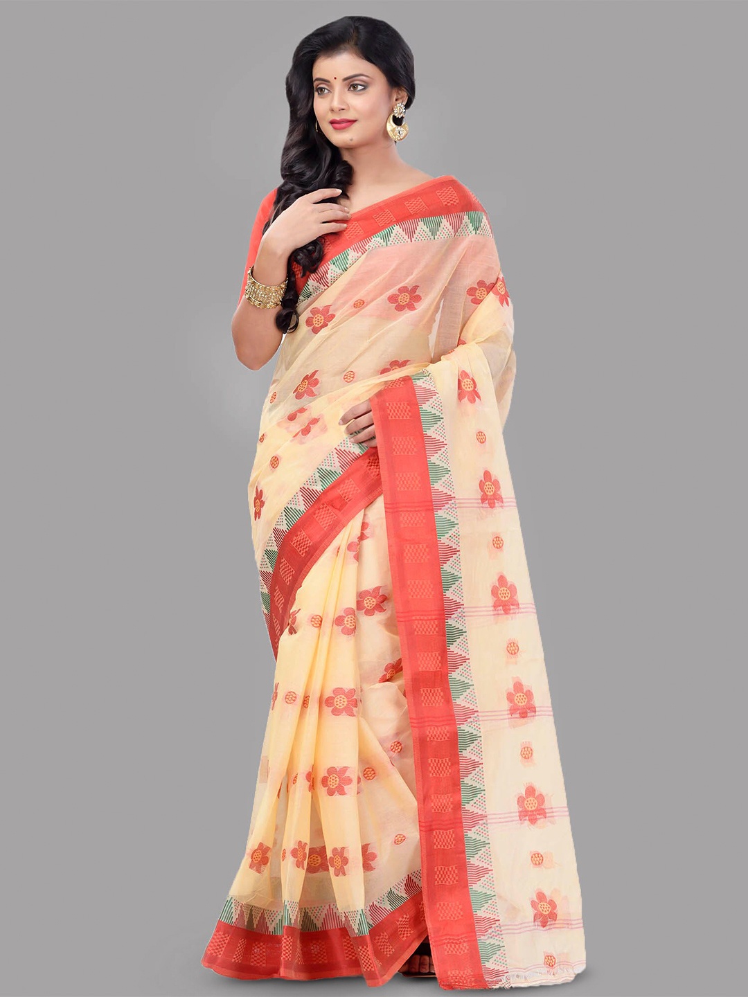 

Ruuprekha Floral Woven Design Pure Cotton Taant Saree, Red