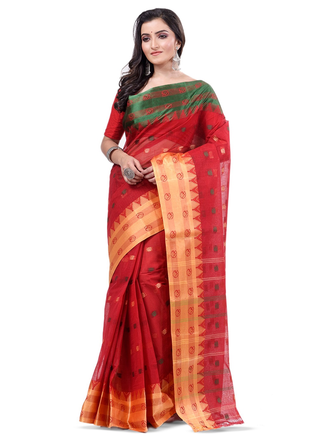 

Ruuprekha Woven Design Zari Pure Cotton Taant Saree, Red