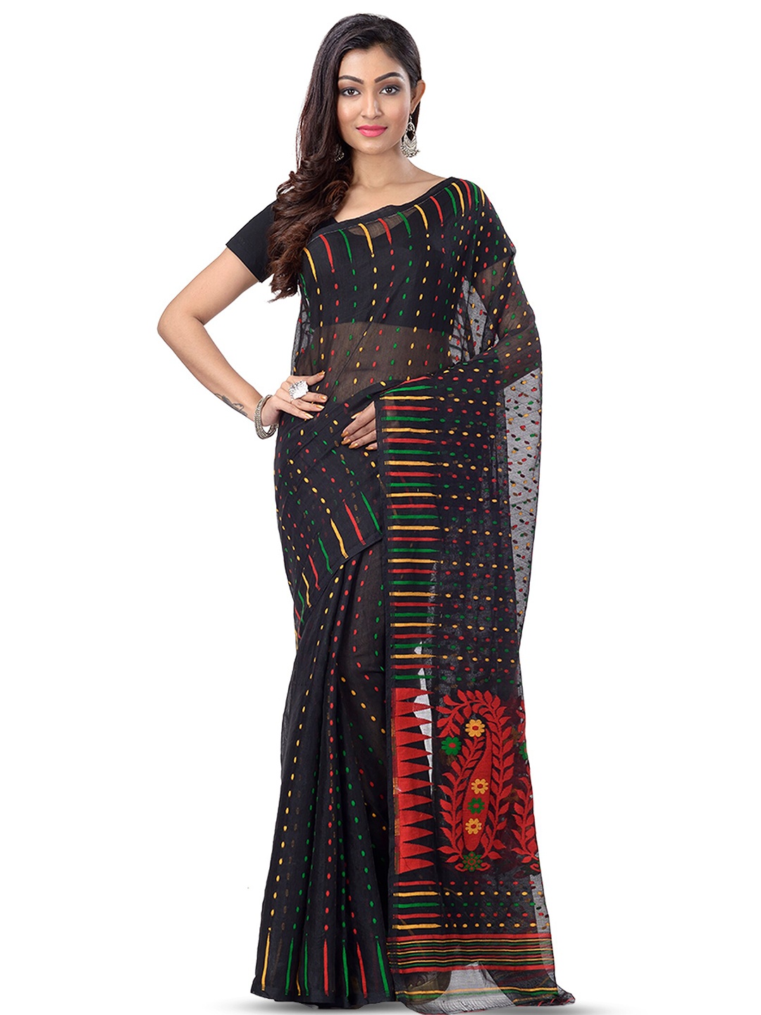 

Ruuprekha Woven Design Silk Cotton Jamdani Saree, Black