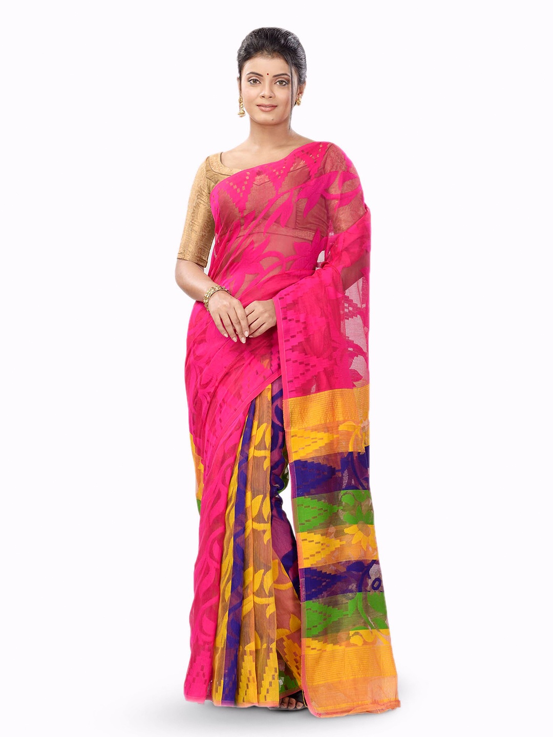 

Ruuprekha Floral Woven Design Pure Cotton Jamdani Saree, Pink