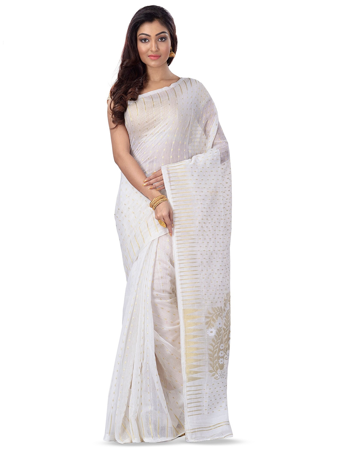 

Ruuprekha Geometric Woven Design Zari Silk Cotton Jamdani Saree, White